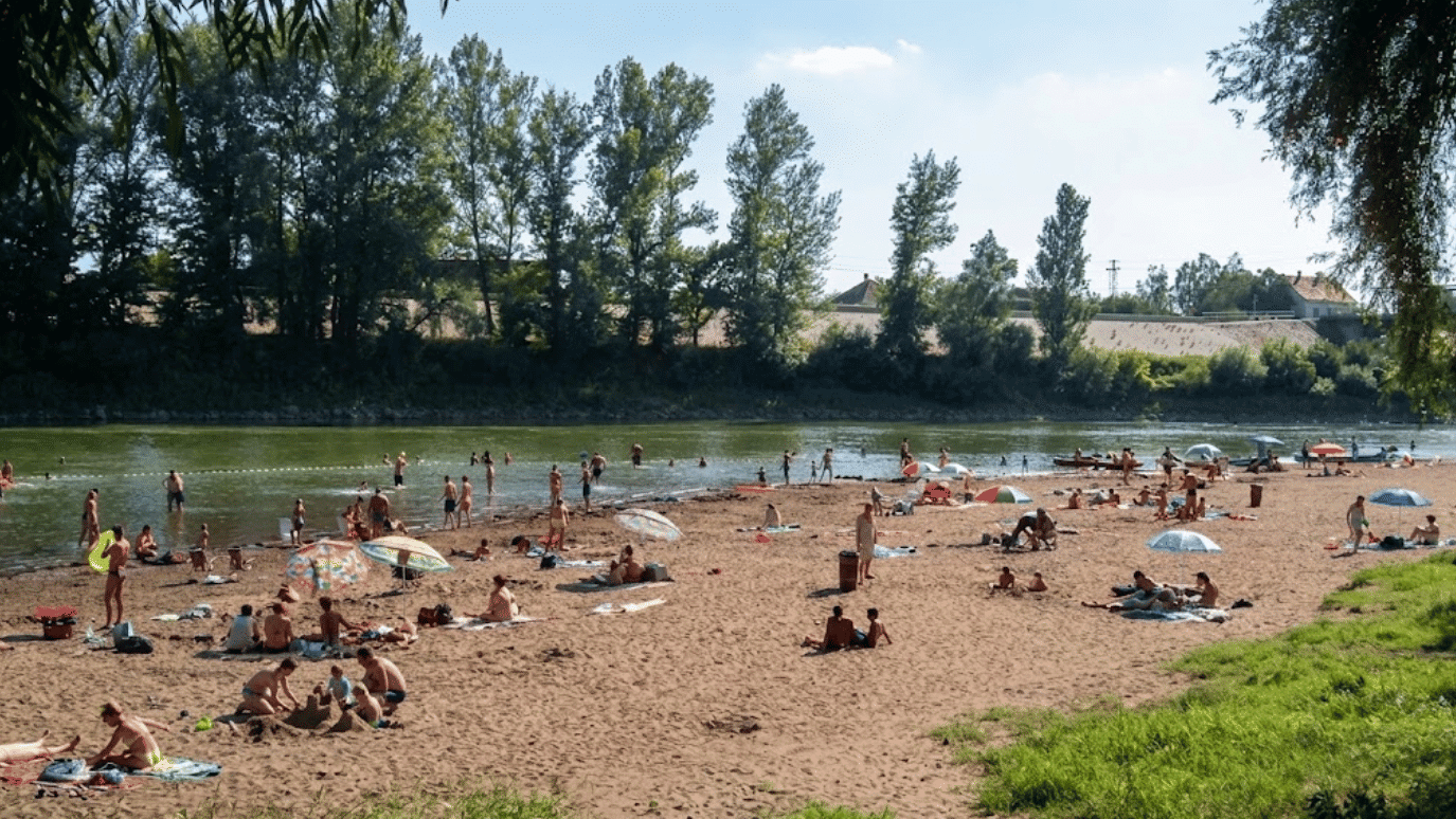 Fürdőzők a tivadari Tisza-parton